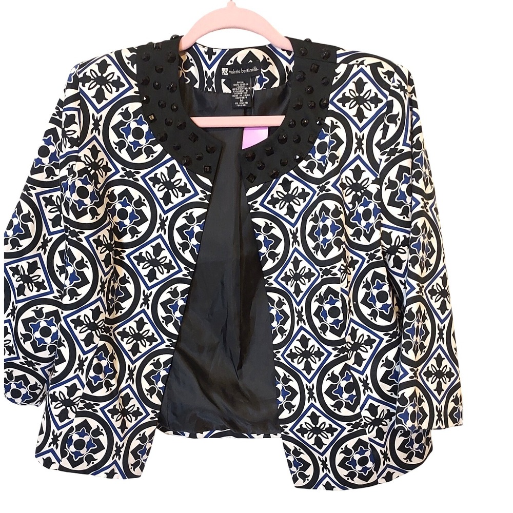 Valerie Bertinelli Cropped Jacket Womens M Blue White Geometric Studded Bolero
